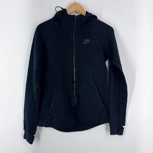 Nike Tech Fleece Full Zip Hoodie Black Women Sporty Scuba Hood Jacket Thumbholes